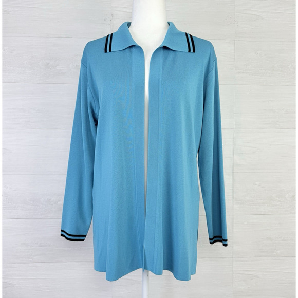 Exclusively Misook Open Front Cardigan Jacket Size M Petite Teal Black Acrylic - Picture 1 of 13